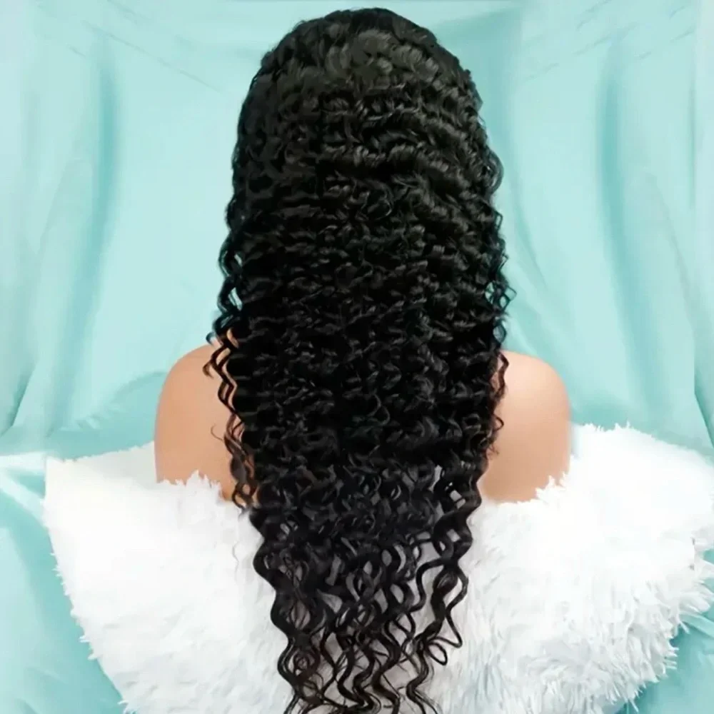 180% Density 28” Natural Black Deep Wave 360 Lace Frontal Human Hair Wig - Picture 3 of 11